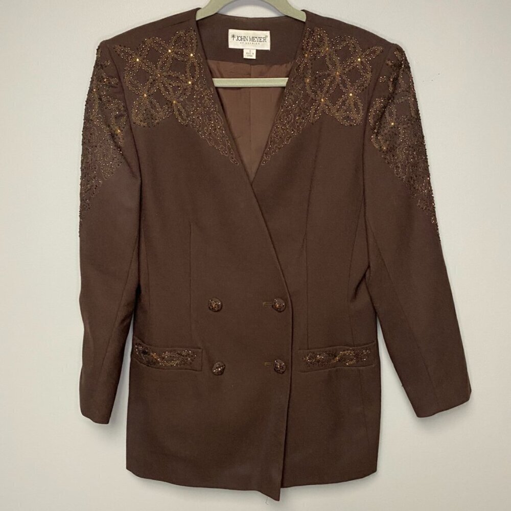 VINTAGE John Meyer 100% Wool Tailored Brown Beaded Evening Blazer Womens size 10